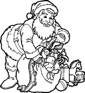 coloriage pere noel remplissant son sac de cadeaux
